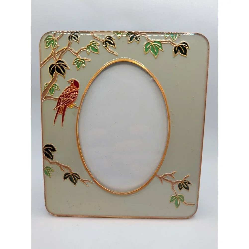 Vtg Hallmark Enamel And Brass Photo Frame Red Bird Tree Leaves Branches